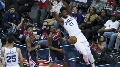 Joel Embiid dunking during a game verus the Washington Wizards